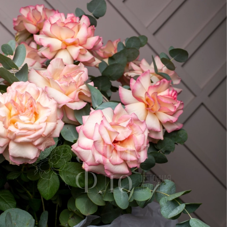 Потрясающая корзина из 21 Французской розы и Эвкалипта