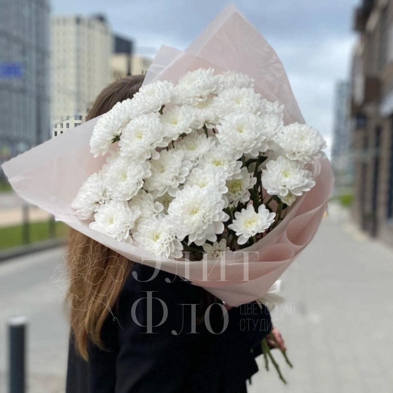 Белые хризантемы в матовом оформлении