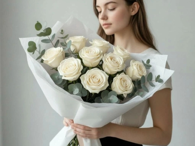 Букет из 11 белых роз и эвкалипта