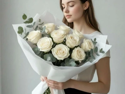 Букет из 11 белых роз и эвкалипта