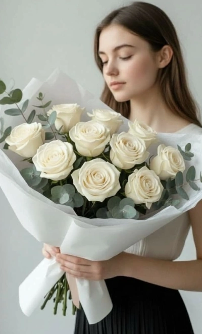 Букет из 11 белых роз и эвкалипта