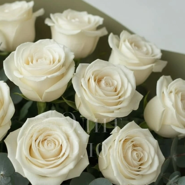 Букет из 11 белых роз в оливковой упаковке 
