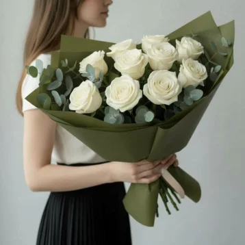 Букет из 11 белых роз в оливковой упаковке 