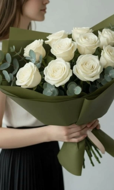 Букет из 11 белых роз в оливковой упаковке 