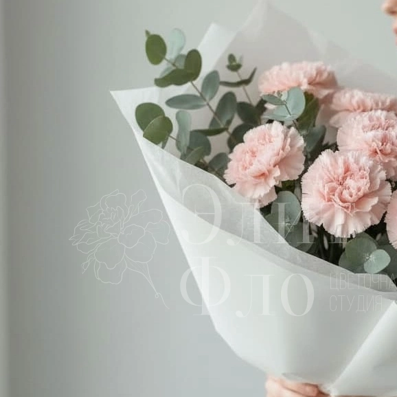 Букет из 15 розовых диантусов и эвкалипта 