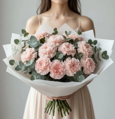 Букет из 15 розовых диантусов и эвкалипта 
