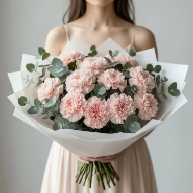 Букет из 15 розовых диантусов и эвкалипта 