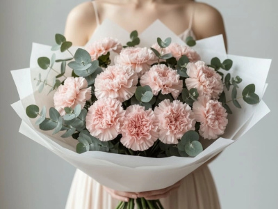 Букет из 15 розовых диантусов и эвкалипта 
