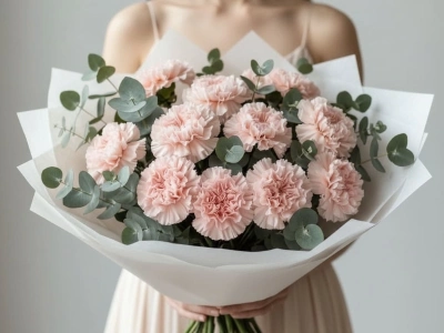 Букет из 15 розовых диантусов и эвкалипта 