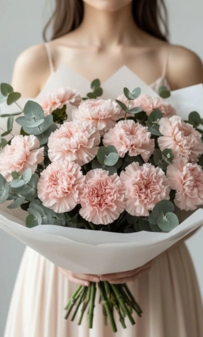 Букет из 15 розовых диантусов и эвкалипта 