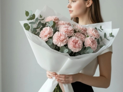 Букет из 13 розовых диантусов и эвкалипта
