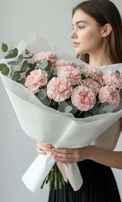 Букет из 13 розовых диантусов и эвкалипта
