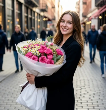 Букет из кустовых пионовидных роз и танацетума