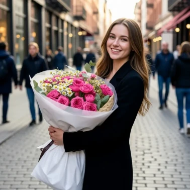 Букет из кустовых пионовидных роз и танацетума