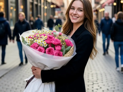 Букет из кустовых пионовидных роз и танацетума