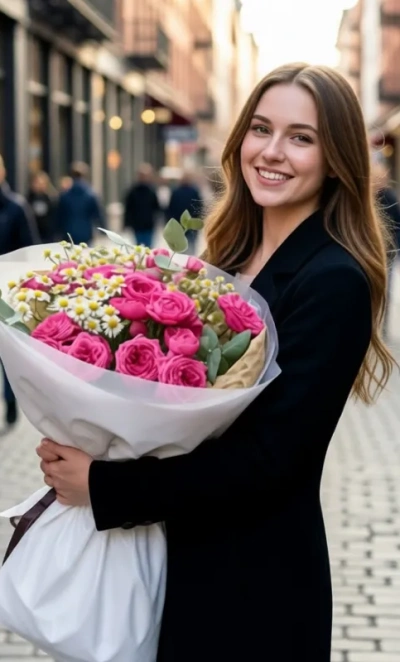 Букет из кустовых пионовидных роз и танацетума