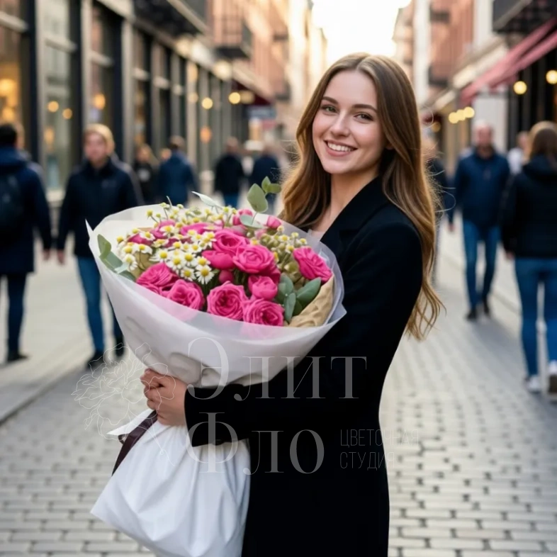 Букет из кустовых пионовидных роз и танацетума