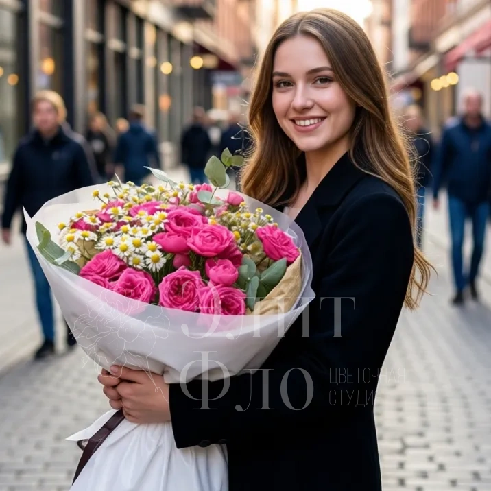 Букет из кустовых пионовидных роз и танацетума