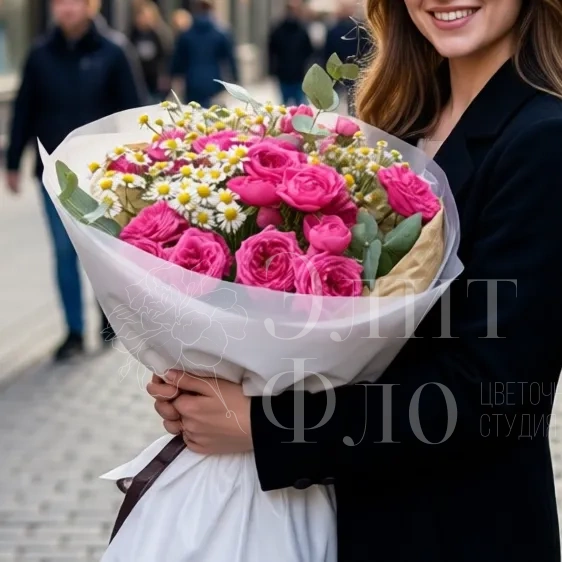 Букет из кустовых пионовидных роз и танацетума