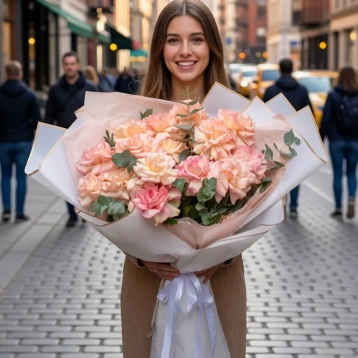 Огромный букет из французских роз и эвкалипта