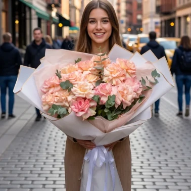 Огромный букет из французских роз и эвкалипта