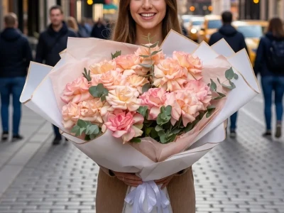 Огромный букет из французских роз и эвкалипта