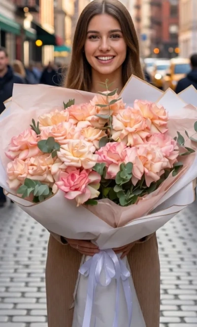 Огромный букет из французских роз и эвкалипта