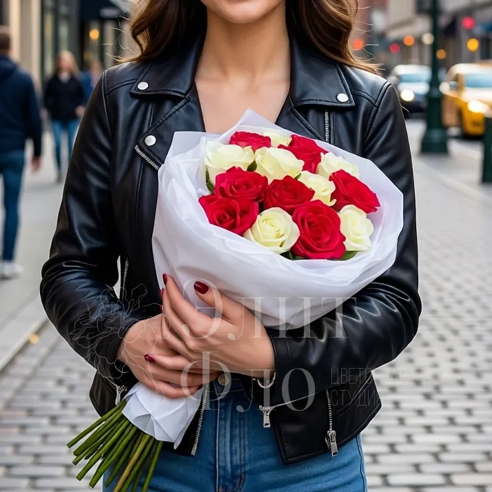 Контрастный букет из 15 ароматных роз
