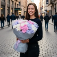 Нежный букет из кустовых 15 хризантем  0