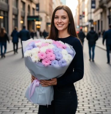 Нежный букет из кустовых 15 хризантем 