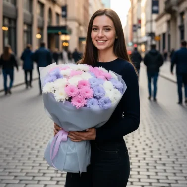 Нежный букет из кустовых 15 хризантем 