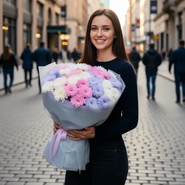 Нежный букет из кустовых 15 хризантем 