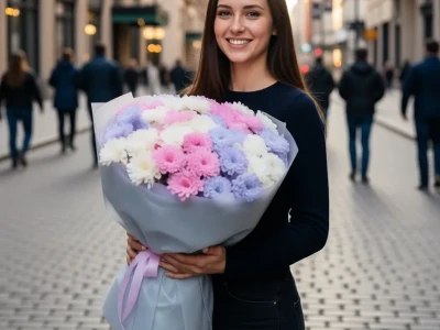 Нежный букет из кустовых 15 хризантем 