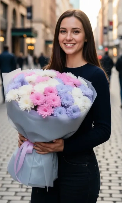 Нежный букет из кустовых 15 хризантем 