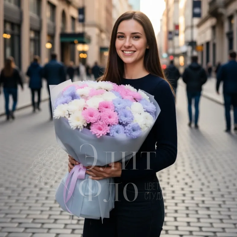 Нежный букет из кустовых 15 хризантем 