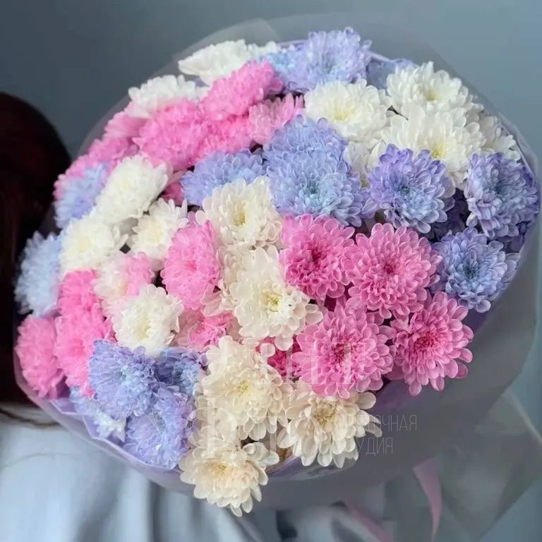 Нежный букет из кустовых 15 хризантем 