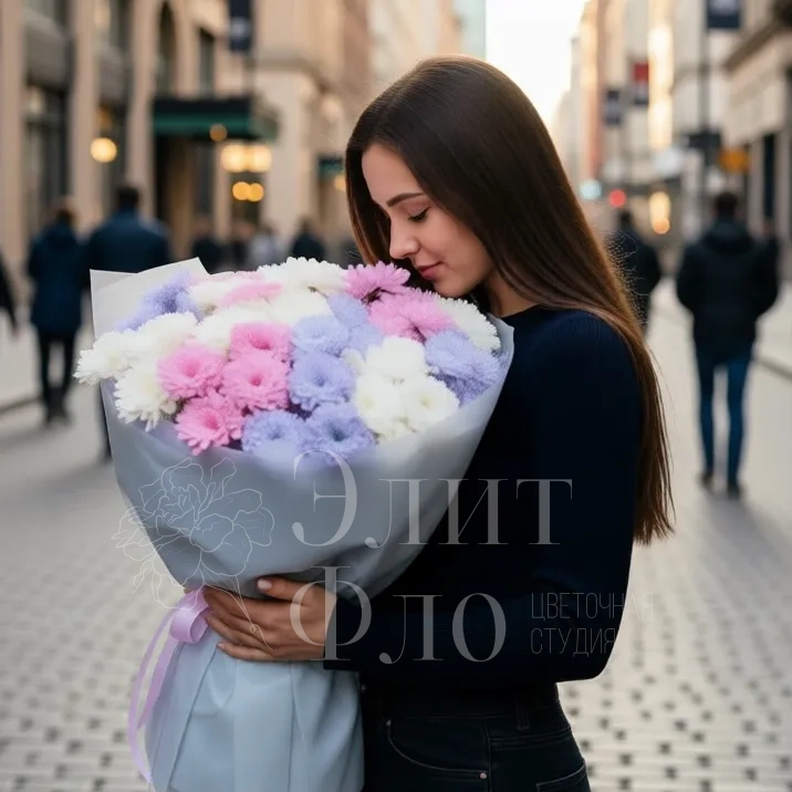 Нежный букет из кустовых 15 хризантем 