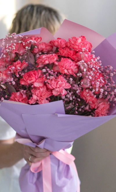 Букет из 19 диантусов и гипсофилы