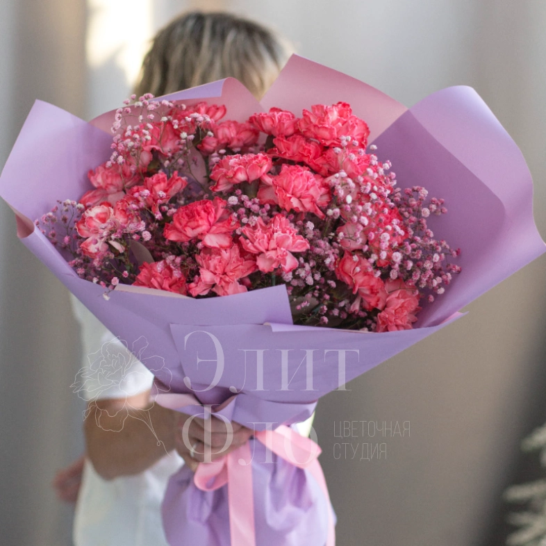 Букет из 19 диантусов и гипсофилы