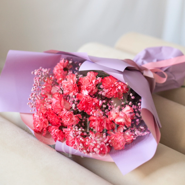 Букет из 19 диантусов и гипсофилы